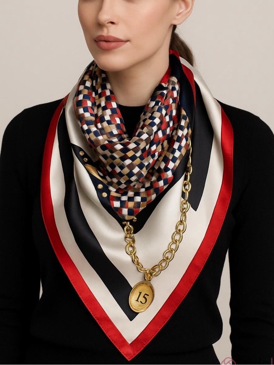 Vintage Accessories - Vintage satin equestrian print neck scarf geometric & chain print red white blue